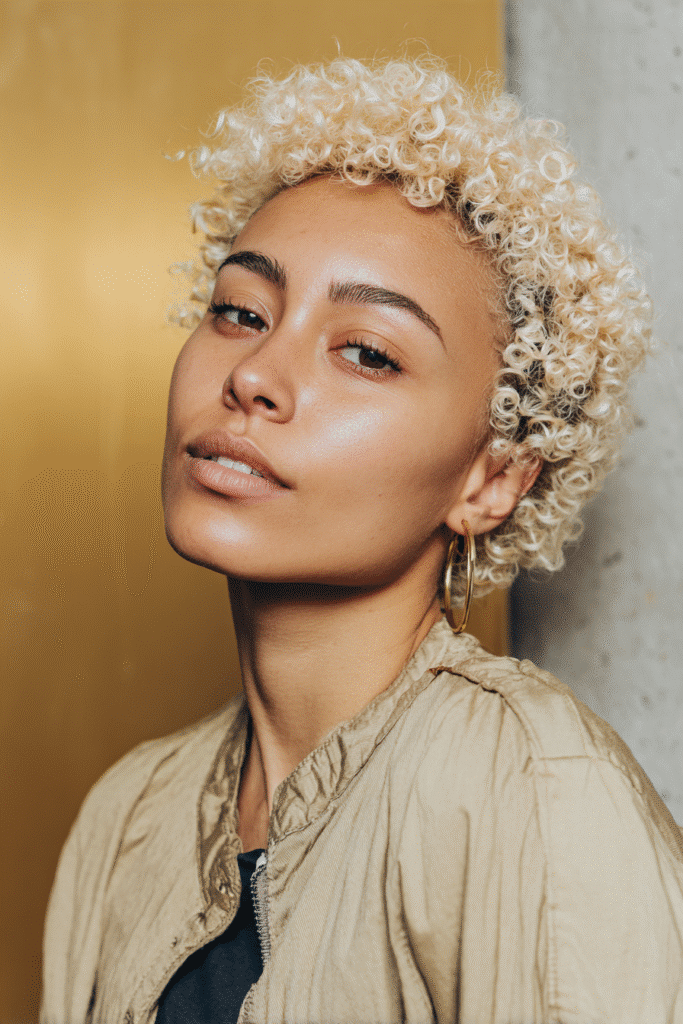 A vibrant young woman in her 20s with natural skin tone, showcasing a curly hairstyle for short hair with a curly blonde moment like Solange, featuring vibrant blonde curls, captured in a close-up shot focusing on the hair, photographed against a seamless light gold backdrop with a glossy sheen. She has subtle makeup, a trendy full-sleeve outfit, realistic hair texture, warm skin tone, and a confident expression, captured with soft natural lighting and an Instagram-style beauty vibe.