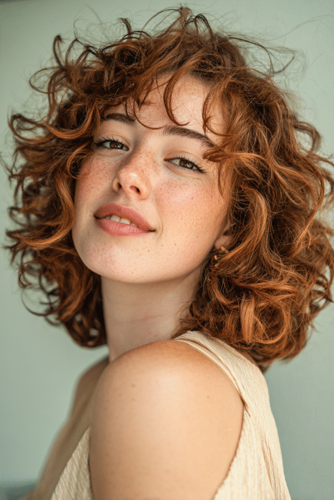 A vibrant American female model with thin hair, showcasing a Bob Cut For Thin Hair with a curly bob and auburn highlights to enhance volume, captured in a close-up shot focusing on the hair, photographed against a seamless light sage backdrop with a glossy sheen. She has subtle makeup, an elegant outfit, realistic hair texture, warm skin tone, and a friendly expression, captured with soft natural lighting and an Instagram-style beauty vibe.