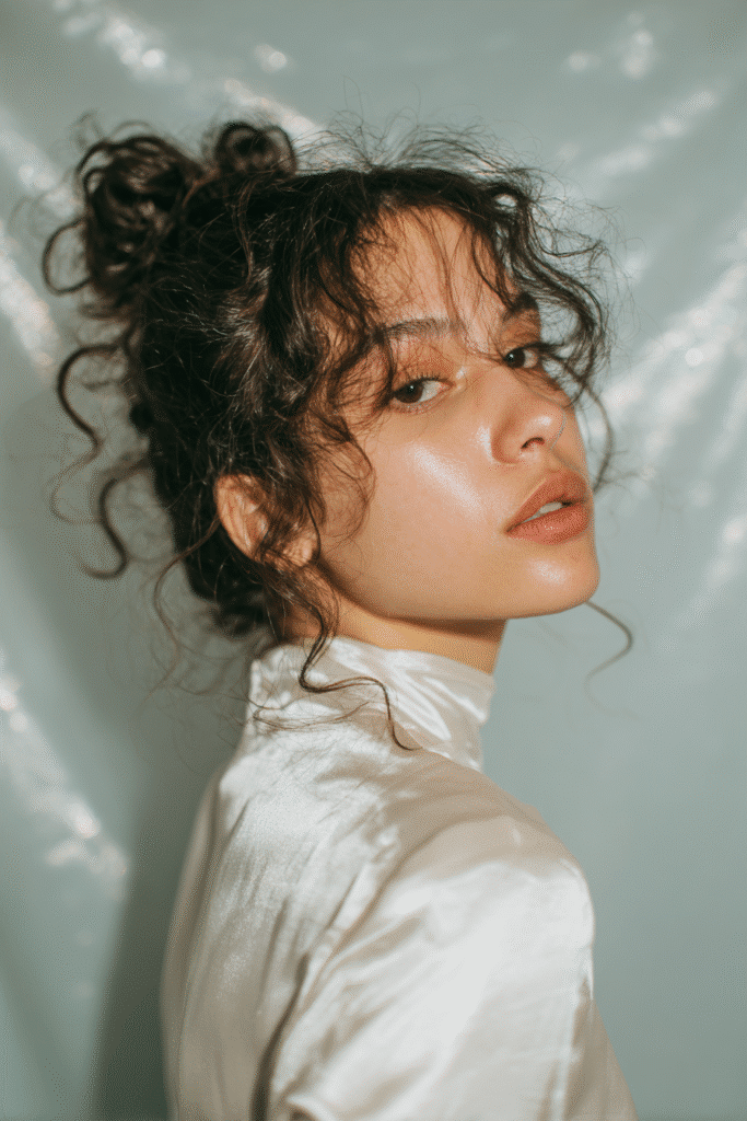 A stunning young female model in her 20s with natural skin tone, showcasing a messy bun hairstyle for wedding with a curly messy bun with natural volume, featuring bouncy curls and natural volume, captured in a close-up shot focusing on the hair, photographed against a seamless soft mint backdrop with a glossy sheen. She has subtle wedding makeup, an elegant full-sleeve wedding gown, realistic hair texture, warm skin tone, and a serene expression, captured with soft natural lighting and an Instagram-style beauty vibe.