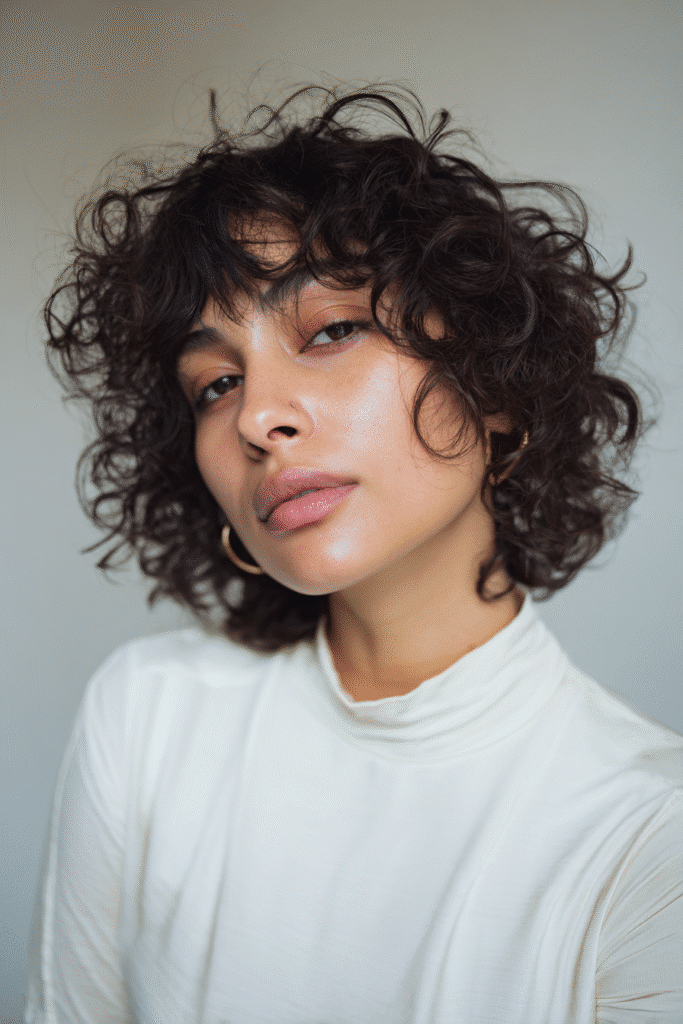 A vibrant young woman in her 20s with natural skin tone, showcasing a curly hairstyle for short hair with a curly pixie with bangs, featuring soft bangs framing the face, captured in a close-up shot focusing on the hair, photographed against a seamless light cream backdrop with a glossy sheen. She has subtle makeup, a trendy full-sleeve outfit, realistic hair texture, warm skin tone, and a confident expression, captured with soft natural lighting and an Instagram-style beauty vibe.