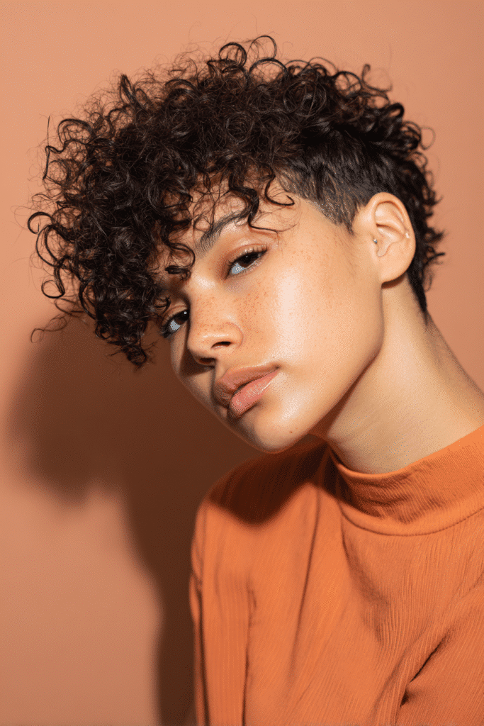 A vibrant young woman in her 20s with natural skin tone, showcasing a curly hairstyle for short hair with a curly pixie with slicked side like Julia Garner, featuring a slicked-back side and curly top, captured in a close-up shot focusing on the hair, photographed against a seamless warm peach backdrop with a matte finish. She has subtle makeup, a trendy full-sleeve outfit, realistic hair texture, warm skin tone, and a confident expression, captured with soft natural lighting and an Instagram-style beauty vibe.
