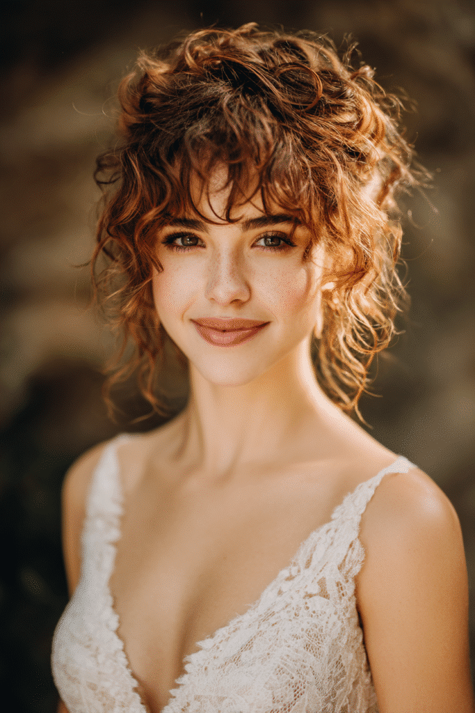 A gorgeous young American bride with a warm skin tone and friendly expression, showcasing curly shag with bangs wedding hairstyle. The hair is a textured curly shag cut with choppy bangs, colored auburn, styled elegantly. She is dressed in an elegant bridal gown, captured in soft natural lighting with subtle makeup, set against a natural forest scene backdrop with minimal texture for an Instagram-style beauty photo.