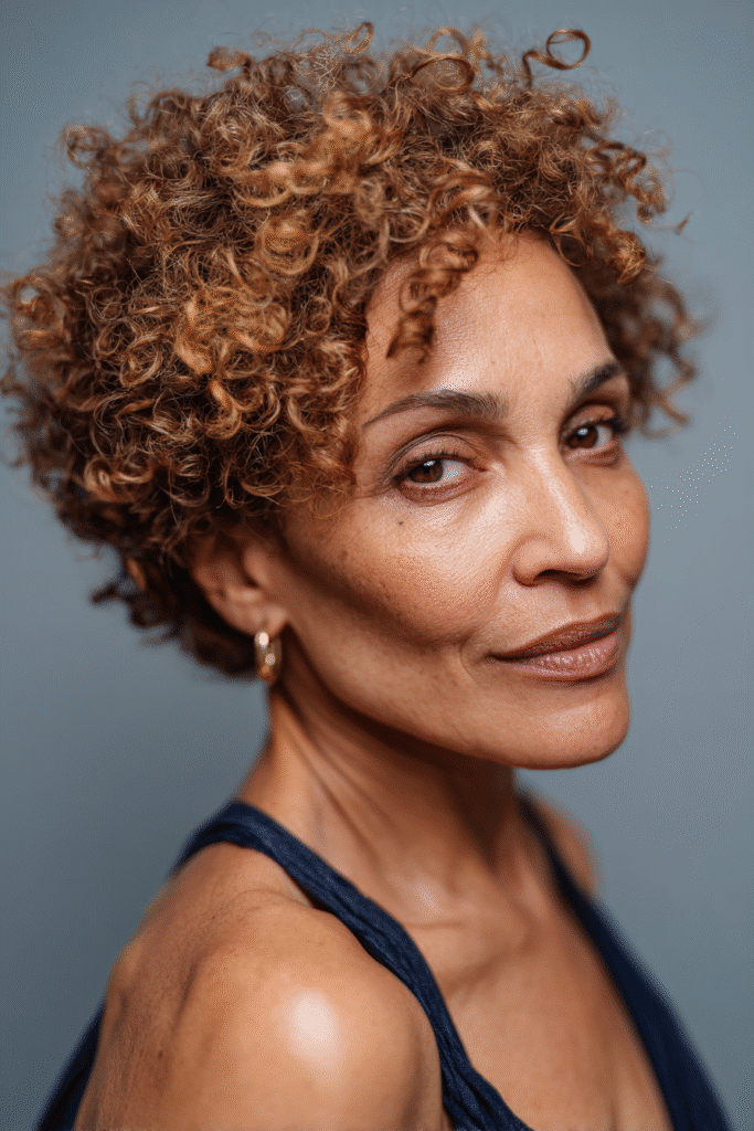 A vibrant American female model over 50 with a mature appearance, showcasing a youthful Curly Short Crop hairstyle with tight coils for a bouncy effect, captured in a close-up shot focusing on the hair, photographed against a seamless soft navy backdrop with a glossy sheen. She has subtle makeup with fine lines, an elegant outfit, realistic hair texture with silver highlights, warm skin tone, and a friendly expression, captured with soft natural lighting and an Instagram-style beauty vibe.
