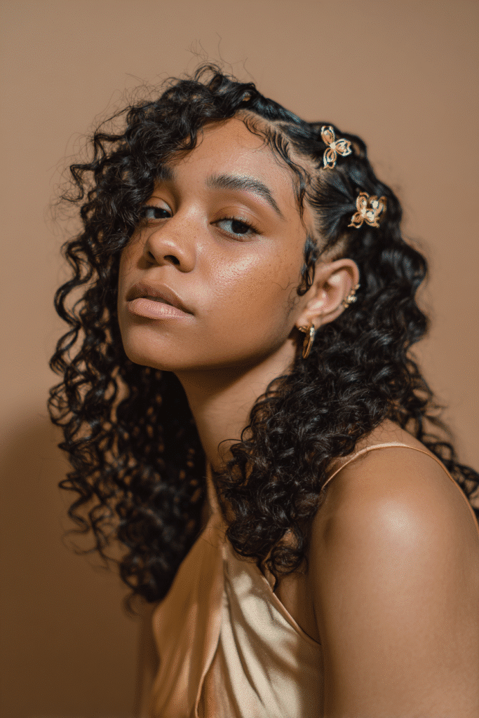 A stunning young woman in her 20s with natural skin tone, showcasing a homecoming hairstyle for medium hair with a curly side part with clips, featuring curly hair with a side part and decorative clips using medium-length hair, captured in a close-up shot focusing on the hair, photographed against a seamless warm bronze backdrop with a satin finish. She has subtle makeup, a chic homecoming dress, realistic hair texture, warm skin tone, and a confident expression, captured with soft natural lighting and an Instagram-style beauty vibe.