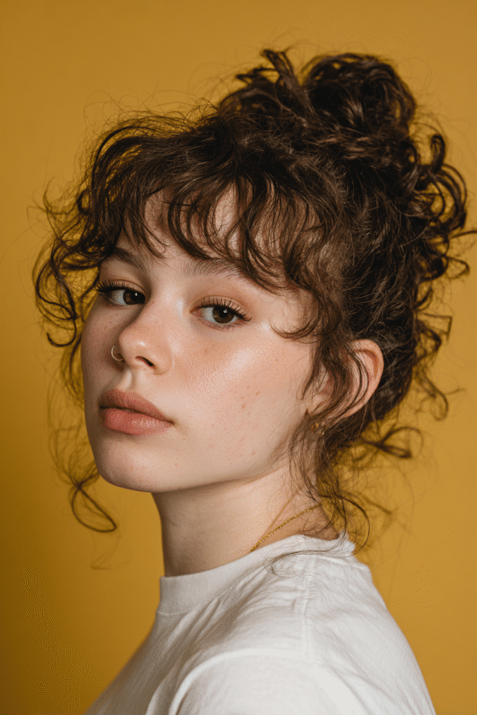 A vibrant young female model in her 20s with natural skin tone, showcasing a 90s messy updo with a curly updo with bangs, featuring loose curls and playful bangs, captured in a close-up shot focusing on the hair, photographed against a seamless warm mustard backdrop with a satin finish. She has subtle makeup, a retro full-shirt 90s outfit, realistic hair texture, warm skin tone, and a friendly expression, captured with soft natural lighting and an Instagram-style beauty vibe.