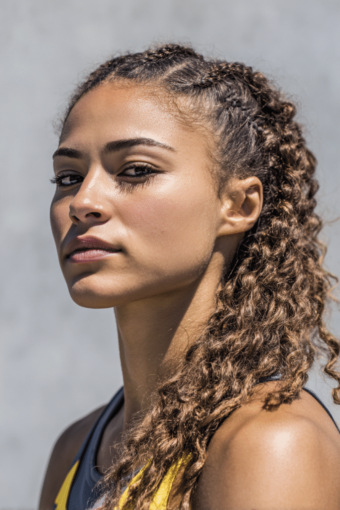 A vibrant female athlete in her 20s with shoulder-to-waist-length hair, styled in curved braids leading into a ponytail for secure play, captured in a close-up shot focusing on the hair, photographed against a seamless light gray backdrop with a smooth surface. She has subtle makeup, a volleyball uniform, a warm skin tone, and a confident expression, captured with bright natural lighting and a sporty vibe.