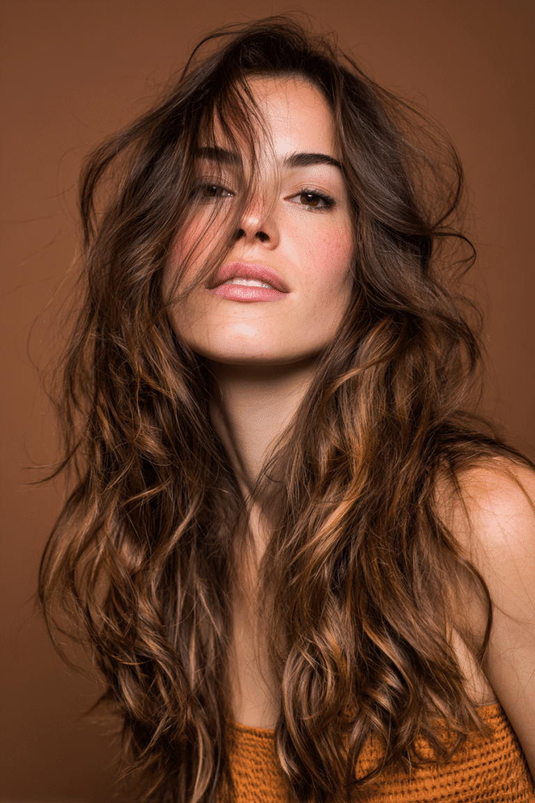 A vibrant female model in her 20s with shoulder-to-waist-length hair, styled in a dark on dark balayage with subtle deep highlights, captured in a close-up shot focusing on the hair, photographed against a seamless warm mocha backdrop with a satin finish. She has subtle makeup, a trendy outfit, a warm skin tone, and a confident expression, captured with warm natural lighting and a soft glow.