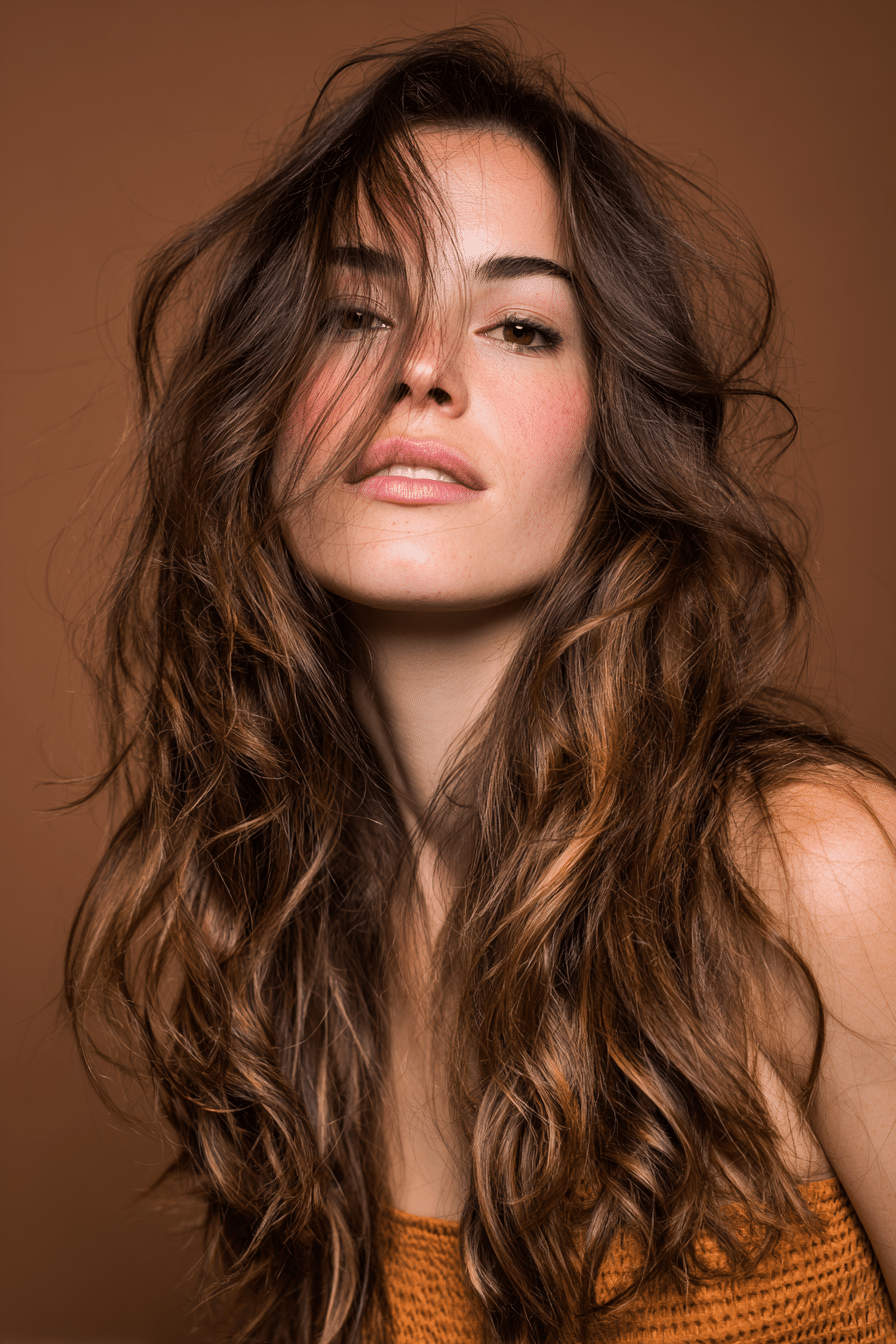 A vibrant female model in her 20s with shoulder-to-waist-length hair, styled in a dark on dark balayage with subtle deep highlights, captured in a close-up shot focusing on the hair, photographed against a seamless warm mocha backdrop with a satin finish. She has subtle makeup, a trendy outfit, a warm skin tone, and a confident expression, captured with warm natural lighting and a soft glow.