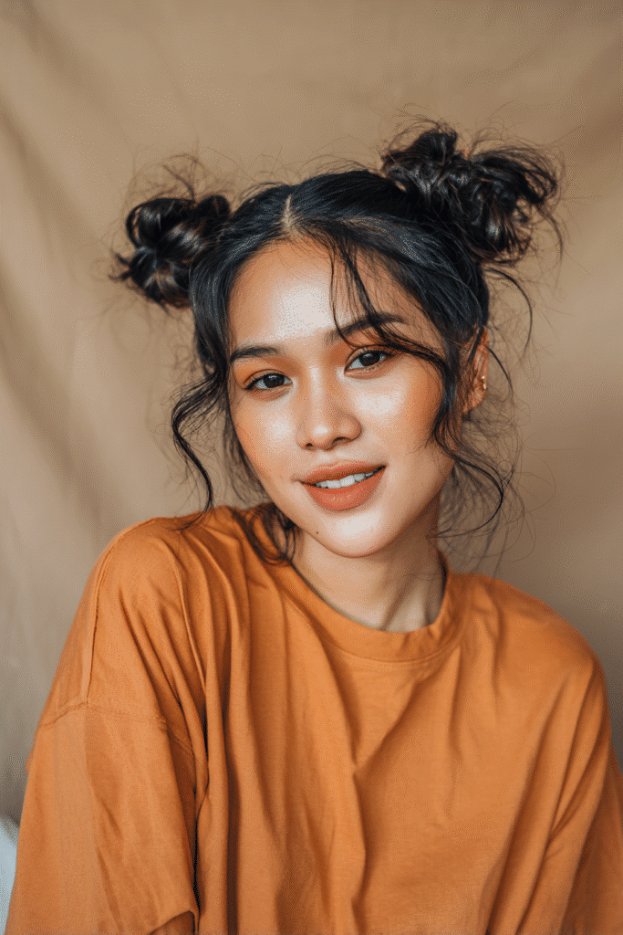A vibrant young female model in her 20s with natural skin tone, showcasing a 90s messy updo with a double bun updo, featuring two playful messy buns, captured in a close-up shot focusing on the hair, photographed against a seamless warm sage backdrop with a glossy sheen. She has subtle makeup, a retro full-shirt 90s outfit, realistic hair texture, warm skin tone, and a friendly expression, captured with soft natural lighting and an Instagram-style beauty vibe.