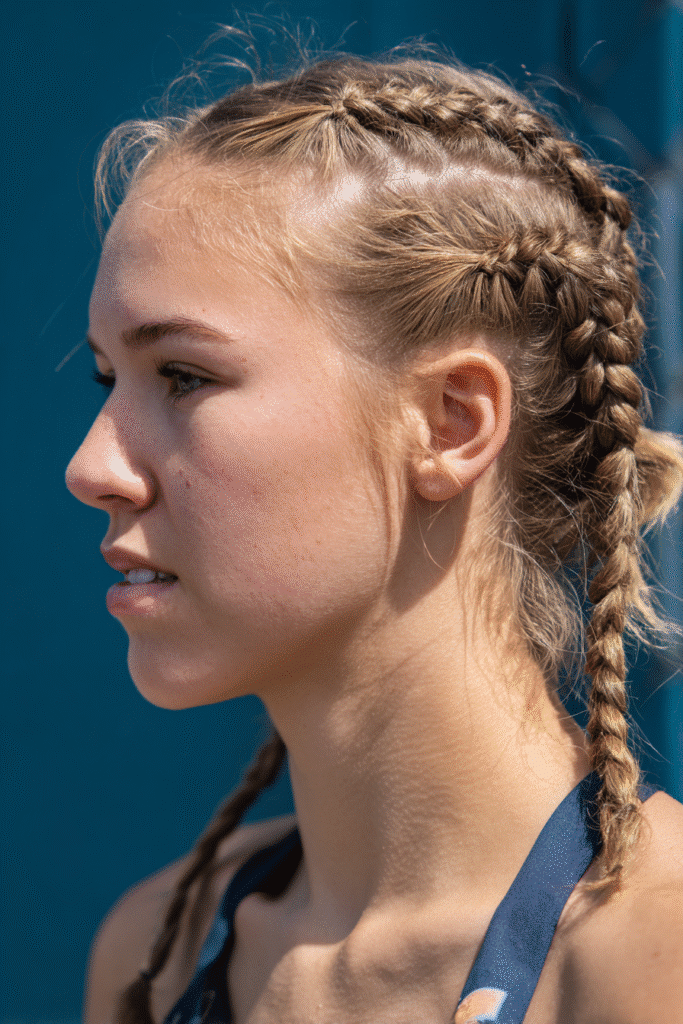 A vibrant female athlete in her 20s with short hair, styled in double French braids with a tight weave, captured in a close-up shot focusing on the hair, photographed against a seamless deep teal backdrop with a smooth surface. She has subtle makeup, a volleyball uniform, a warm skin tone, and a confident expression, captured with bright natural lighting and a sporty vibe.