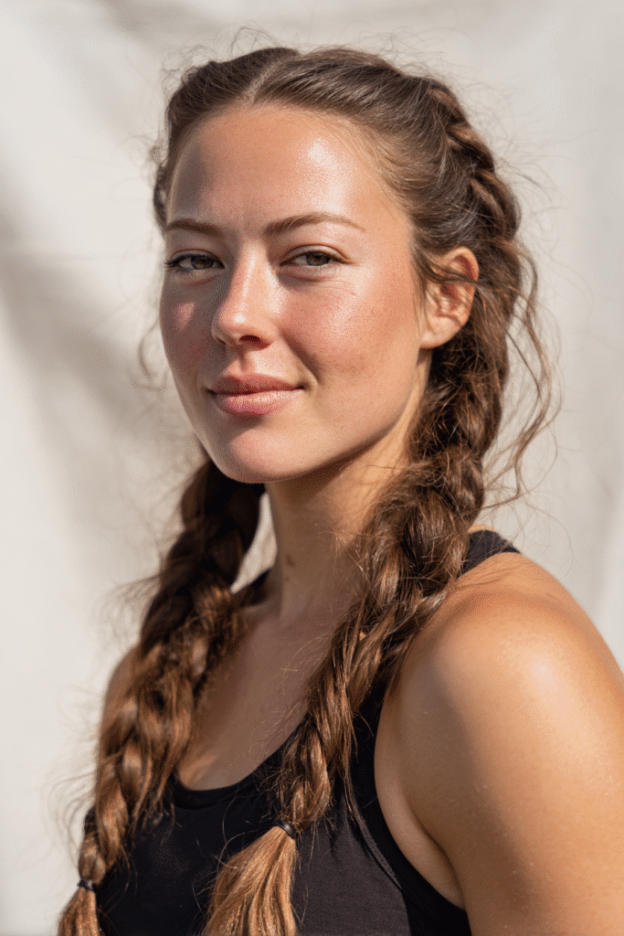 A vibrant female athlete in her 20s with shoulder-to-waist-length hair, styled in double Dutch braids with a secure, inverted weave for movement, captured in a close-up shot focusing on the hair, photographed against a seamless soft ivory backdrop with a satin finish. She has subtle makeup, a volleyball uniform, a warm skin tone, and a confident expression, captured with bright natural lighting and a sporty vibe.
