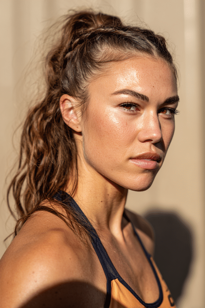 A vibrant female athlete in her 20s with shoulder-to-waist-length hair, styled in a Dutch infinity braid updo with a structured look, captured in a close-up shot focusing on the hair, photographed against a seamless warm bronze backdrop with a satin finish. She has subtle makeup, a volleyball uniform, a warm skin tone, and a confident expression, captured with bright natural lighting and a sporty vibe.