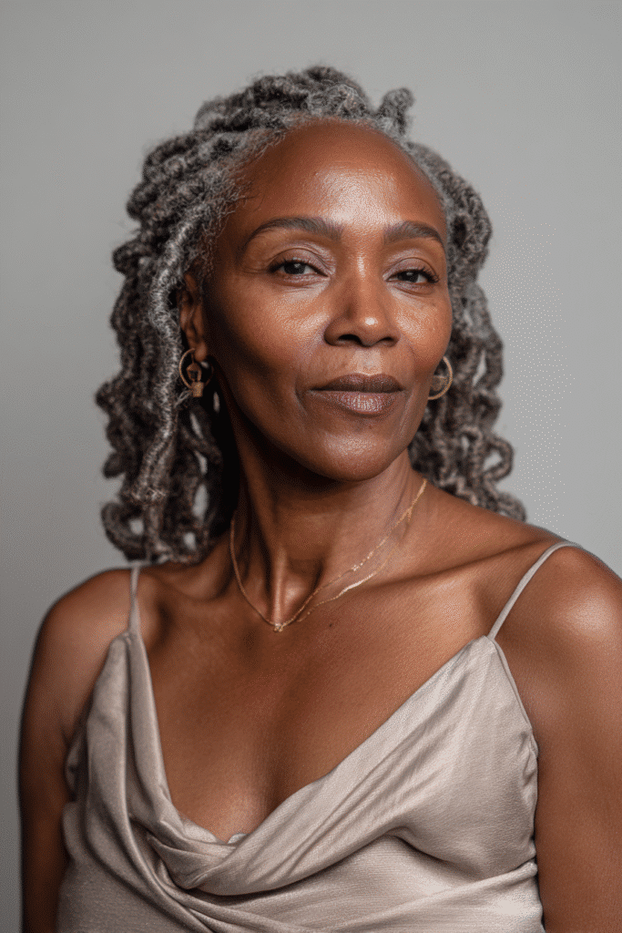 An elegant Black woman over 50 with a warm skin tone and friendly expression, showcasing elegant cornrow waves braids hairstyle for older Black women over 50. The hair is natural black, set against a soft gray fabric backdrop with minimal texture. She wears subtle makeup and an elegant outfit suitable for mature women, captured in soft natural lighting for an Instagram-style beauty photo.