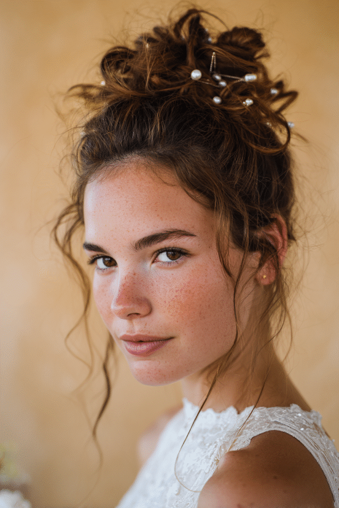 A stunning young female model in her 20s with natural skin tone, showcasing a messy bun hairstyle for wedding with an elegant messy bun with pearl accessories, featuring pearl hairpins for a touch of elegance, captured in a close-up shot focusing on the hair, photographed against a seamless warm champagne backdrop with a glossy sheen. She has subtle wedding makeup, an elegant full-sleeve wedding gown, realistic hair texture, warm skin tone, and a serene expression, captured with soft natural lighting and an Instagram-style beauty vibe.