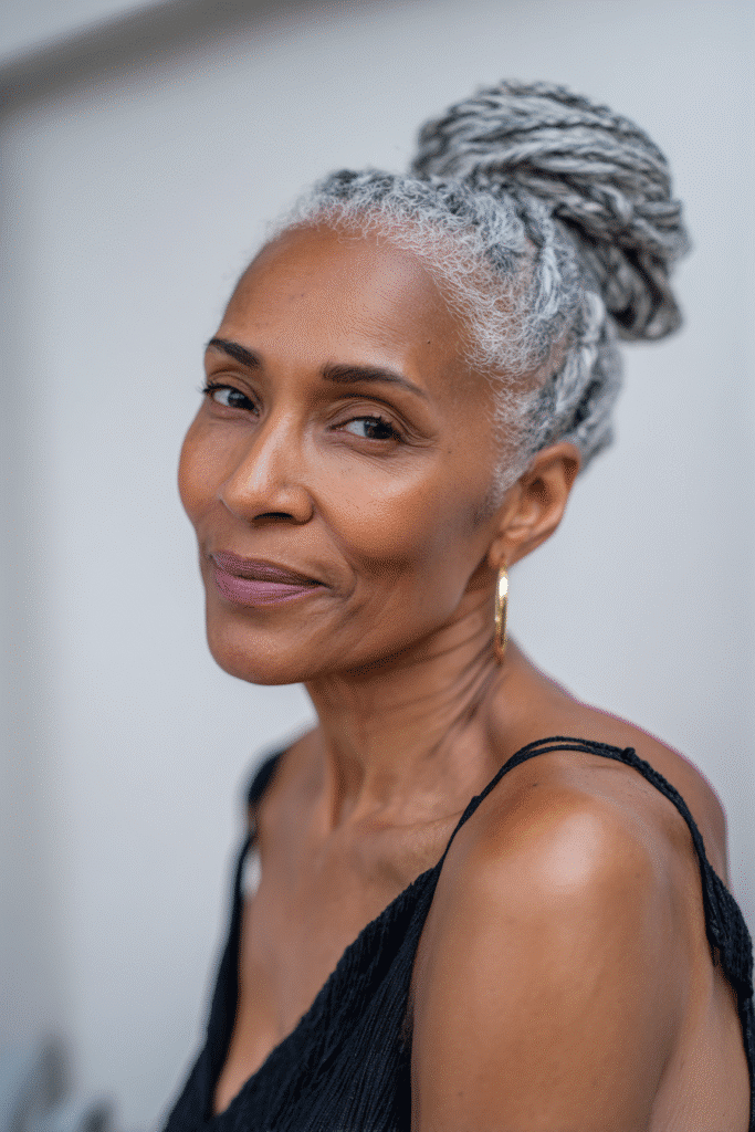 An elegant Black woman over 50 with a warm skin tone and friendly expression, showcasing elegant silver updo braids hairstyle for older Black women over 50. The hair is silver, set against a seamless white backdrop with minimal texture. She wears subtle makeup and an elegant outfit suitable for mature women, captured in soft natural lighting for an Instagram-style beauty photo.