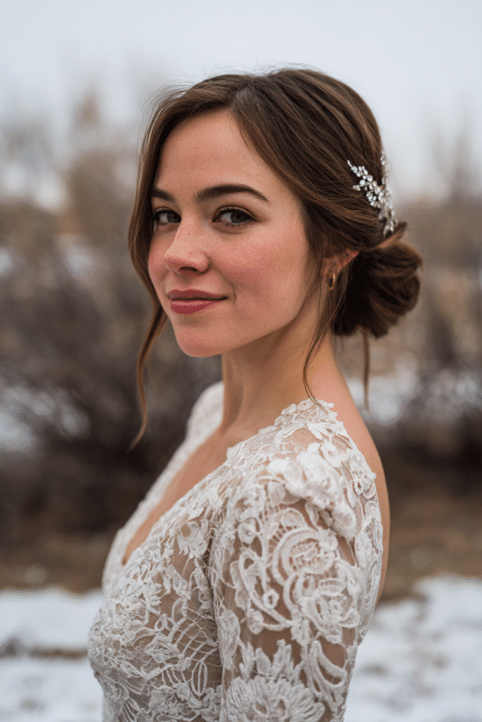 A gorgeous young Black American bride with a sleek updo and a decorative silver hair clip in a deep coffee shade, wearing an elegant full-length winter wedding dress with lace long sleeves, radiant expression, warm skin tone, against a seamless soft linen backdrop with a matte finish, frosty hair clip details in a winter mood.