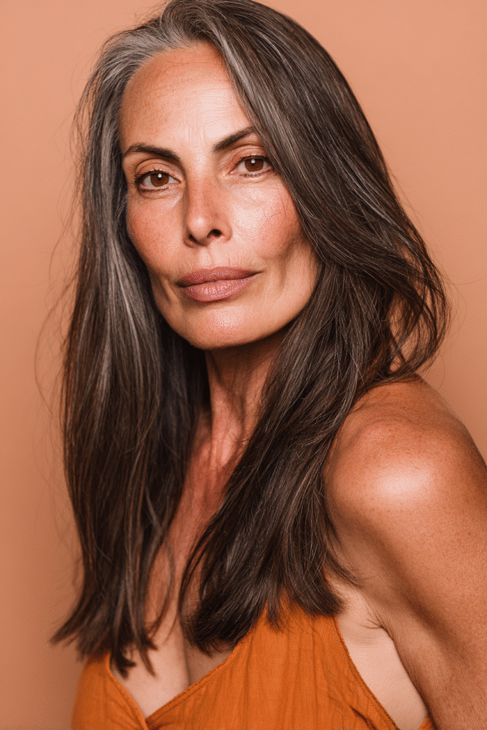 Rich deep-espresso hair with face-framing layers that soften the look and draw attention to the eyes. The shot has a warm-toned backdrop for a flattering and elegant feel.