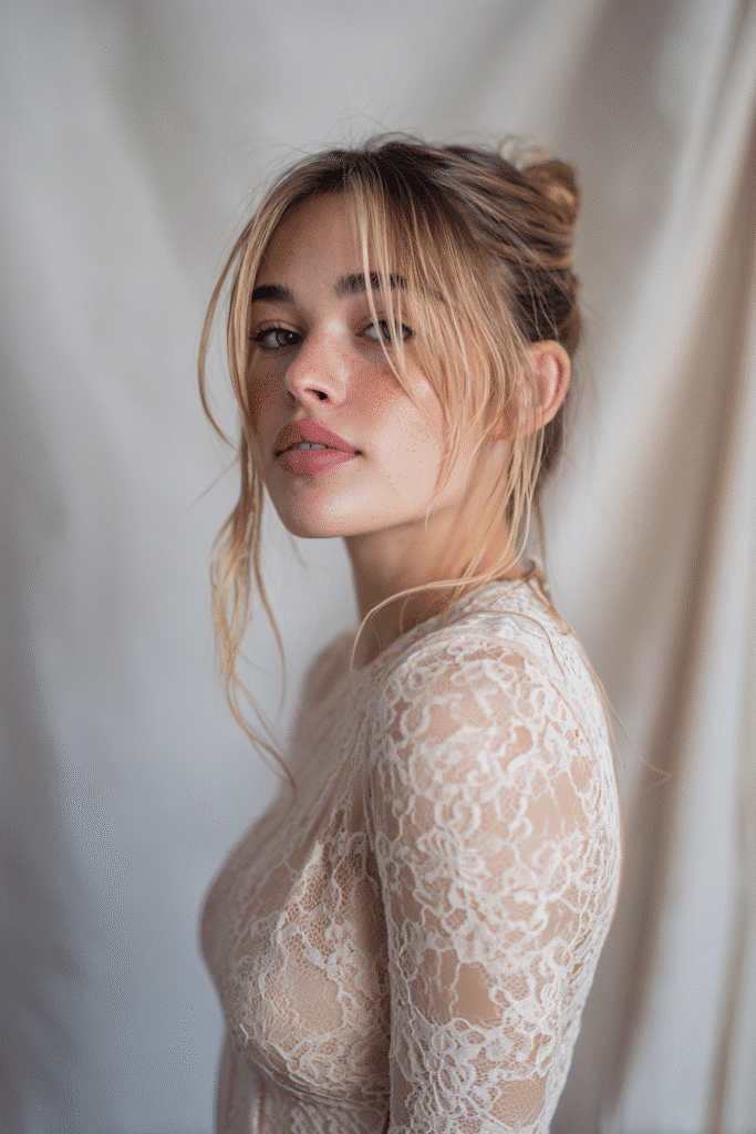 A gorgeous young woman with a natural look showcasing sleek slicked-back hair with face-framing strands in a light blonde shade, wearing an elegant full-length dress with lace long sleeves, radiant expression, warm skin tone, against a seamless soft linen backdrop with a matte finish.