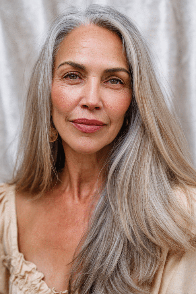 A mature woman with soft feathered layers in a sandy blonde shade, her hair gently framing her face for a light and airy look. The style is smooth and natural with a soft shine, captured in a well-lit portrait with a neutral background.