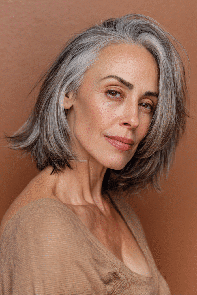 A vibrant American female model over 50 with a mature appearance, showcasing a youthful Feathered Lob hairstyle with layered, flip-out ends for dimension, captured in a close-up shot focusing on the hair, photographed against a seamless warm cinnamon backdrop with a silky finish. She has subtle makeup with visible aging, an elegant outfit, realistic hair texture with silver strands, warm skin tone, and a friendly expression, captured with soft natural lighting and an Instagram-style beauty vibe.