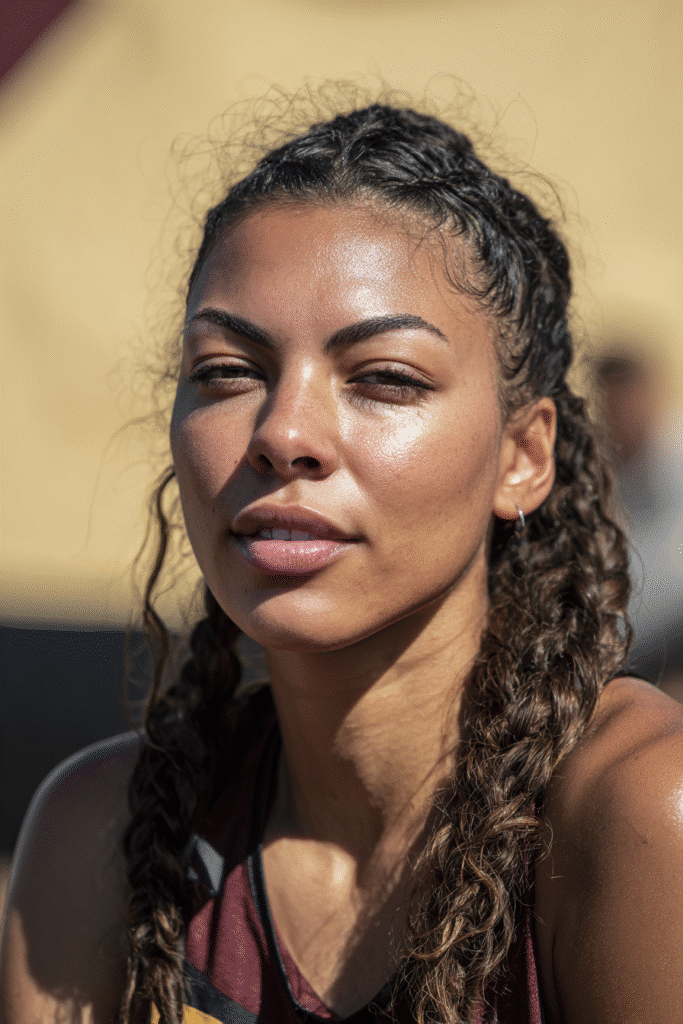 A vibrant female athlete in her 20s with shoulder-to-waist-length hair, styled in a fishtail braid for volleyball with a tight, intricate weave, captured in a close-up shot focusing on the hair, photographed against a seamless warm gold backdrop with a glossy sheen. She has subtle makeup, a volleyball uniform, a warm skin tone, and a confident expression, captured with bright natural lighting and a sporty vibe.