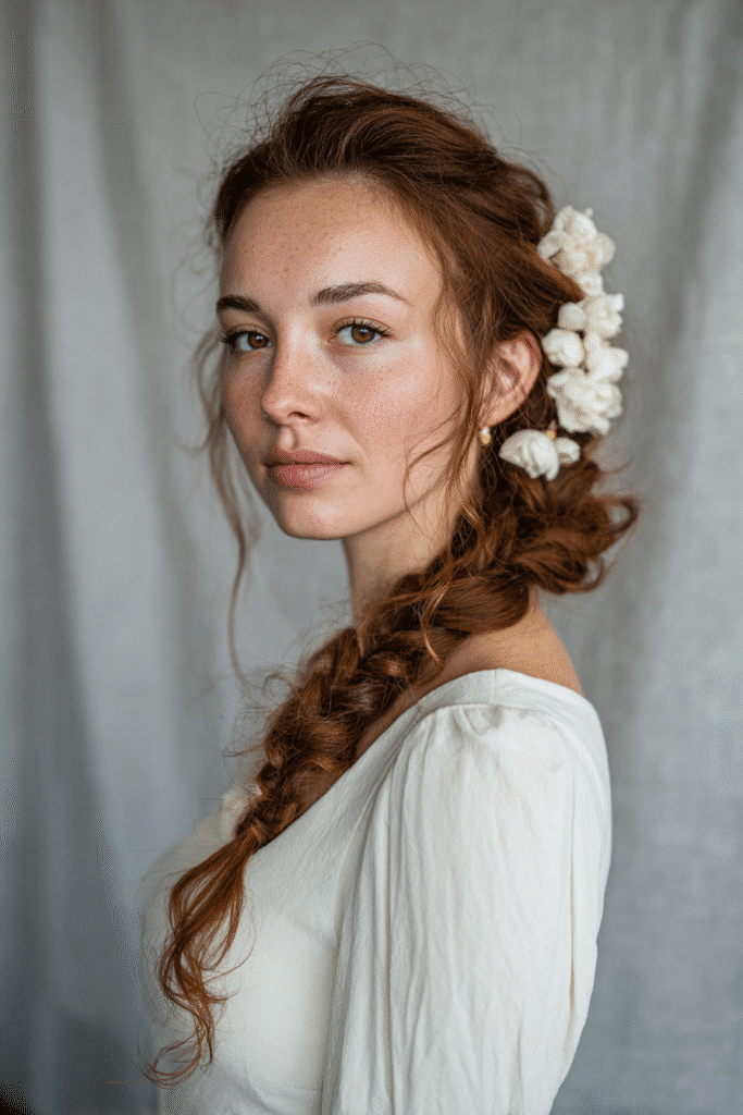 A gorgeous young bride with a natural look featuring an intricate fishtail braid with white floral accents in a soft auburn shade, wearing an elegant full-length wedding dress with chiffon long sleeves, radiant expression, warm skin tone, against a seamless soft linen backdrop with a matte finish.