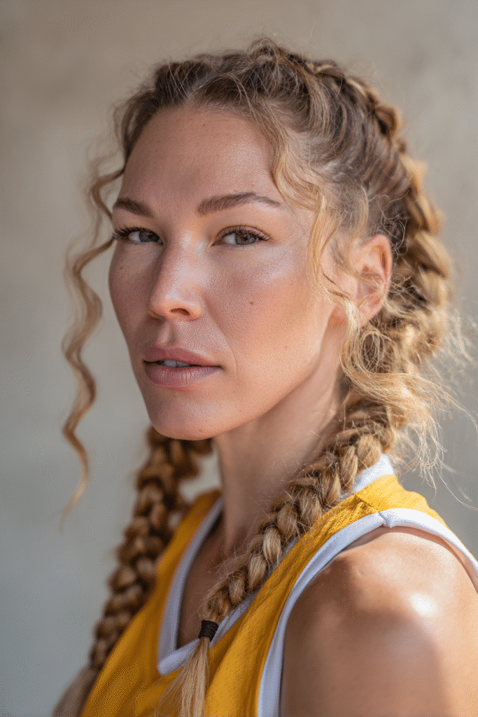 A vibrant female athlete in her 20s with shoulder-to-waist-length hair, styled in fishtail braids with a tight, intricate weave for secure play, captured in a close-up shot focusing on the hair, photographed against a seamless soft mauve backdrop with a glossy sheen. She has subtle makeup, a volleyball uniform, a warm skin tone, and a confident expression, captured with bright natural lighting and a sporty vibe.
