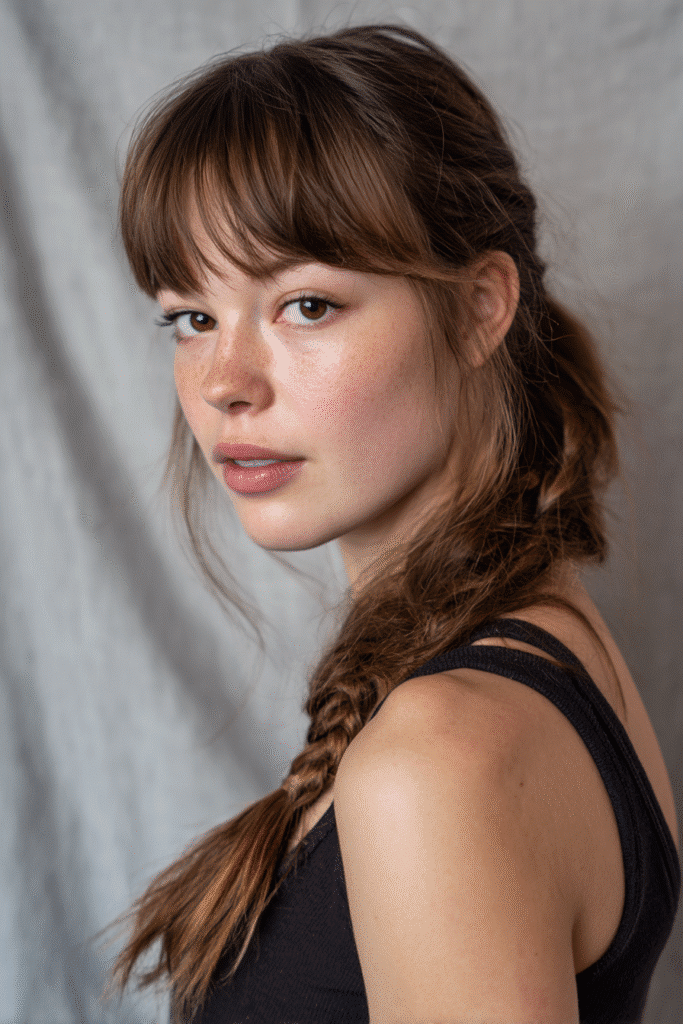 A young American female model with a warm skin tone and friendly expression, showcasing a fishtail ponytail with side-parted bangs hairstyle. The hair is straight, natural brown, intricately woven into a fishtail braid ponytail with neatly side-parted bangs, set against a soft gray fabric backdrop with minimal texture. She wears subtle makeup and a trendy casual outfit, captured in soft natural lighting for an Instagram-style beauty photo.