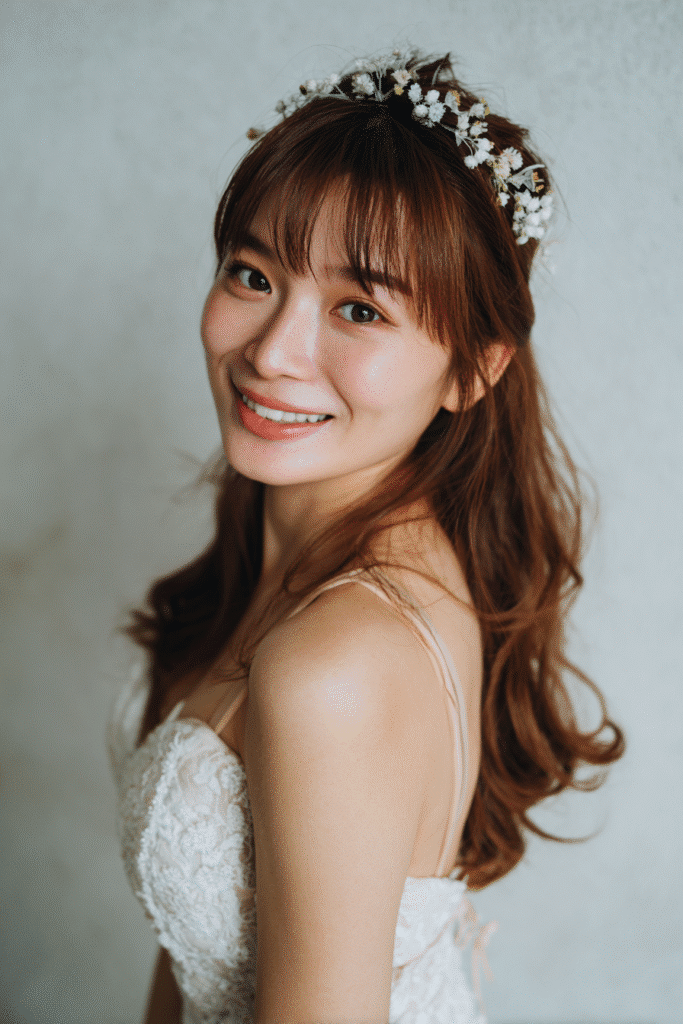 A gorgeous young American bride with a warm skin tone and friendly expression, showcasing floral fringe with headband wedding hairstyle. The hair features a floral-accented fringe with a delicate headband, colored soft brown, styled elegantly. She is dressed in an elegant bridal gown, captured in soft natural lighting with subtle makeup, set against a natural forest scene backdrop with minimal texture for an Instagram-style beauty photo.