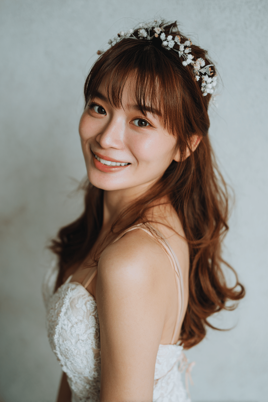 A gorgeous young American bride with a warm skin tone and friendly expression, showcasing floral fringe with headband wedding hairstyle. The hair features a floral-accented fringe with a delicate headband, colored soft brown, styled elegantly. She is dressed in an elegant bridal gown, captured in soft natural lighting with subtle makeup, set against a natural forest scene backdrop with minimal texture for an Instagram-style beauty photo.