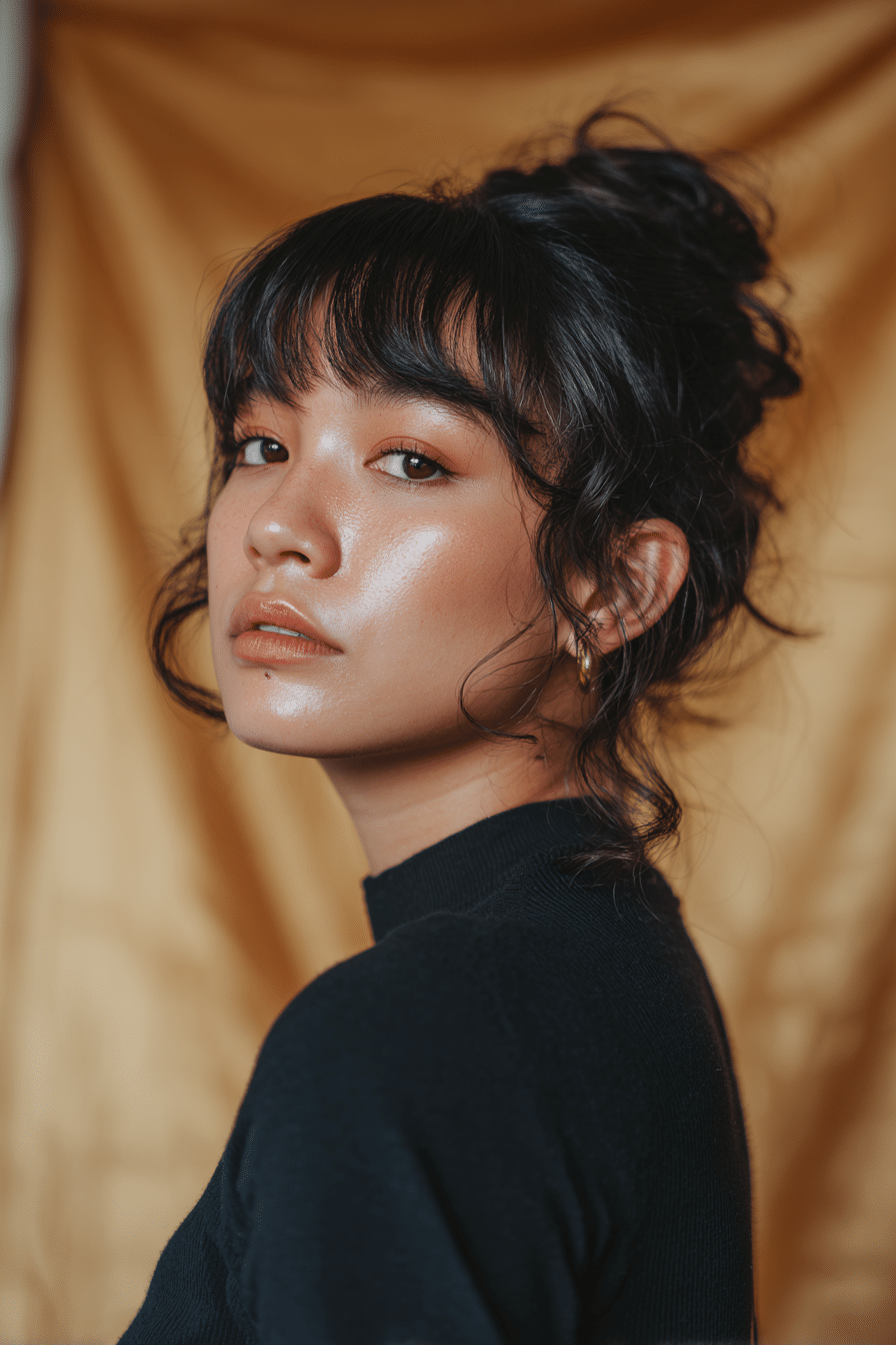 A stunning young woman in her 20s with natural skin tone, showcasing a homecoming hairstyle for medium hair with a folded voluminous updo, featuring a voluminous updo with folded layers using medium-length hair, captured in a close-up shot focusing on the hair, photographed against a seamless warm amber backdrop with a silky texture. She has subtle makeup, a chic homecoming dress, realistic hair texture, warm skin tone, and a confident expression, captured with soft natural lighting and an Instagram-style beauty vibe.