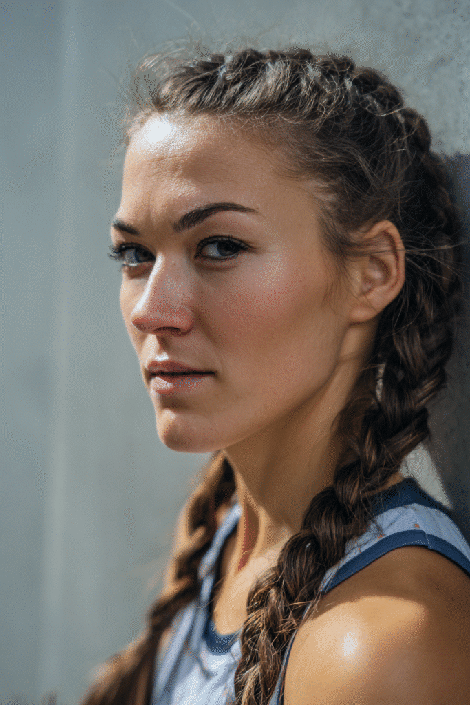 A vibrant female athlete in her 20s with shoulder-to-waist-length hair, styled in a French braid for volleyball with a tight, secure weave, captured in a close-up shot focusing on the hair, photographed against a seamless light gray backdrop with a smooth surface. She has subtle makeup, a volleyball uniform, a warm skin tone, and a confident expression, captured with bright natural lighting and a sporty vibe.