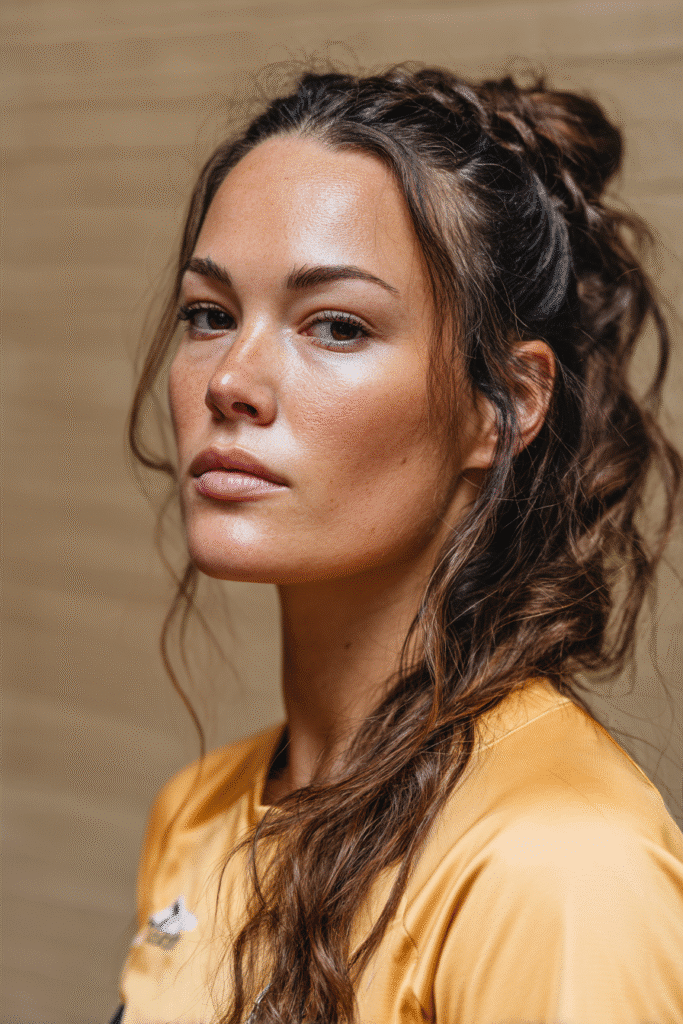 A vibrant female athlete in her 20s with shoulder-to-waist-length hair, styled in a French braided bun with a high, secure updo, captured in a close-up shot focusing on the hair, photographed against a seamless warm mocha backdrop with a satin finish. She has subtle makeup, a volleyball uniform, a warm skin tone, and a confident expression, captured with bright natural lighting and a sporty vibe.