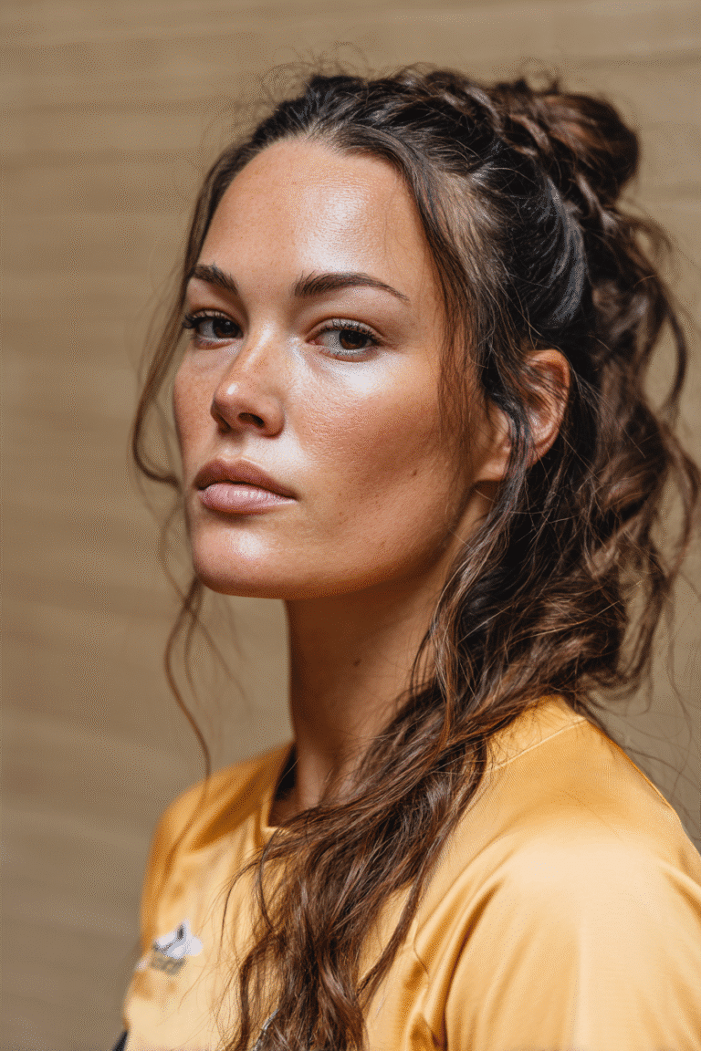 A vibrant female athlete in her 20s with shoulder-to-waist-length hair, styled in a French braided bun with a high, secure updo, captured in a close-up shot focusing on the hair, photographed against a seamless warm mocha backdrop with a satin finish. She has subtle makeup, a volleyball uniform, a warm skin tone, and a confident expression, captured with bright natural lighting and a sporty vibe.