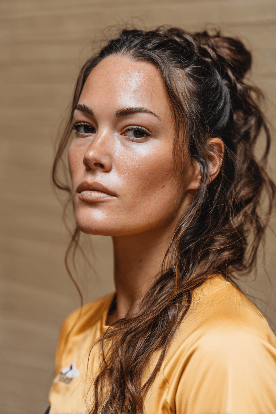 A vibrant female athlete in her 20s with shoulder-to-waist-length hair, styled in a French braided bun with a high, secure updo, captured in a close-up shot focusing on the hair, photographed against a seamless warm mocha backdrop with a satin finish. She has subtle makeup, a volleyball uniform, a warm skin tone, and a confident expression, captured with bright natural lighting and a sporty vibe.