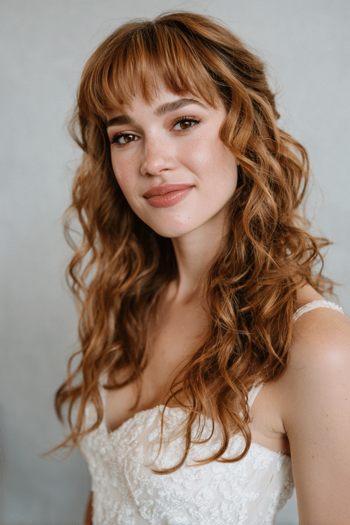 A gorgeous young American bride with a warm skin tone and friendly expression, showcasing French-inspired fringe with loose waves wedding hairstyle. The hair features loose waves with a chic French-inspired fringe, colored strawberry blonde, styled elegantly. She is dressed in an elegant bridal gown, captured in soft natural lighting with subtle makeup, set against a seamless white backdrop with minimal texture for an Instagram-style beauty photo.