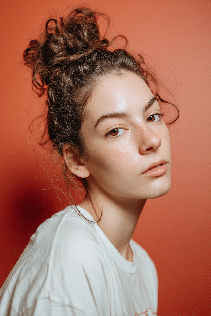 A vibrant young female model in her 20s with natural skin tone, showcasing a 90s messy updo with a French twist with a 90s edge, featuring an elegant French twist bun with messy, undone edges and a voluminous bun, captured in a close-up shot focusing on the hair, photographed against a seamless warm coral backdrop with a smooth texture. She has subtle makeup, a retro full-shirt 90s outfit, realistic hair texture, warm skin tone, and a friendly expression, captured with soft natural lighting and an Instagram-style beauty vibe.