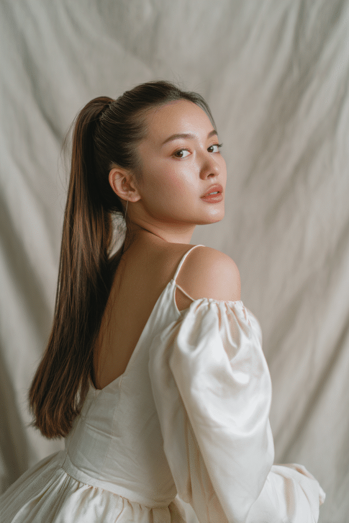 A gorgeous young bride with a natural look showcasing a sleek full-length straight ponytail in a natural light brown shade, wearing an elegant full-length wedding dress with satin long sleeves, radiant expression, warm skin tone, against a seamless soft linen backdrop with a matte finish.