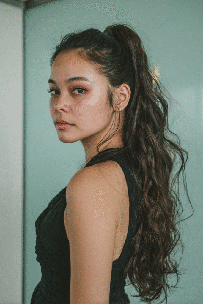 A stunning young woman in her 20s with natural skin tone, showcasing a homecoming hairstyle with a glam ponytail, featuring a high, sleek ponytail with a glamorous finish, captured in a close-up shot focusing on the hair, photographed against a seamless light teal backdrop with a glossy sheen. She has subtle makeup, a chic homecoming dress, realistic hair texture, warm skin tone, and a confident expression, captured with soft natural lighting and an Instagram-style beauty vibe.