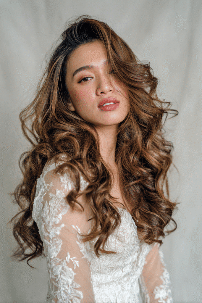 A gorgeous young bride with a natural look showcasing voluminous cascading curls in a warm golden brown shade, wearing an elegant full-length wedding dress with lace long sleeves, radiant expression, warm skin tone, against a seamless soft linen backdrop with a matte finish.