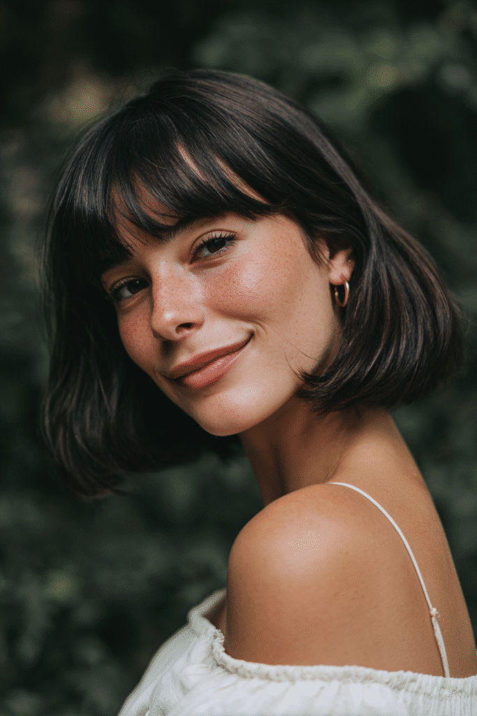 A gorgeous young American bride with a warm skin tone and friendly expression, showcasing glossy bob with curtain bangs wedding hairstyle. The hair is a sleek glossy bob cut with parted curtain bangs, colored dark brunette, styled elegantly. She is dressed in an elegant bridal gown, captured in soft natural lighting with subtle makeup, set against a natural forest scene backdrop with minimal texture for an Instagram-style beauty photo.