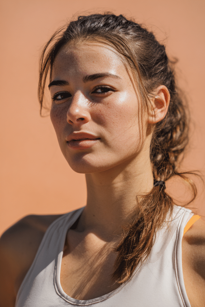 A vibrant female athlete in her 20s with shoulder-to-waist-length hair, styled in a golden brown infinity braided ponytail with a continuous design, captured in a close-up shot focusing on the hair, photographed against a seamless light coral backdrop with a smooth surface. She has subtle makeup, a volleyball uniform, a warm skin tone, and a confident expression, captured with bright natural lighting and a sporty vibe.