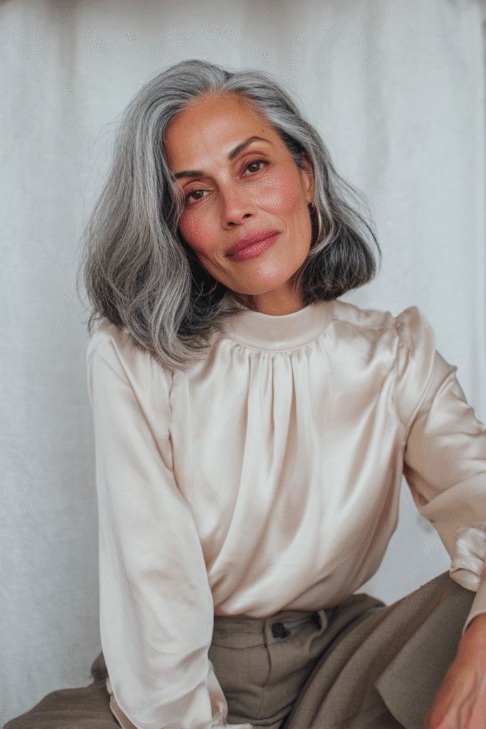 An elegant woman over 50 with a warm skin tone and confident expression, showcasing Grace Ghanem's side fringe bob hairstyle for bob hairstyles for women over 50. The hair is a side fringe bob with soft waves, colored warm chestnut, styled with a tailored silk blouse and pearl necklace. Captured in soft natural lighting with subtle makeup, set against a seamless white backdrop with minimal texture for an Instagram-style beauty photo.
