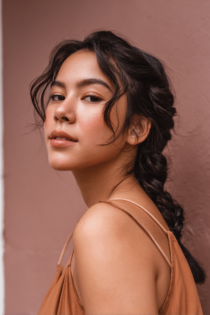A stunning young woman in her 20s with natural skin tone, showcasing a homecoming hairstyle for medium hair with a half-up fishtail braid, featuring a half-up style with a fishtail braid using medium-length hair, captured in a close-up shot focusing on the hair, photographed against a seamless soft plum backdrop with a matte finish. She has subtle makeup, a chic homecoming dress, realistic hair texture, warm skin tone, and a confident expression, captured with soft natural lighting and an Instagram-style beauty vibe.