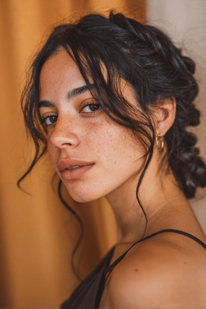 A stunning young woman in her 20s with natural skin tone, showcasing a homecoming hairstyle with a half-up fishtail braid, featuring a fishtail braid in a half-up style, captured in a close-up shot focusing on the hair, photographed against a seamless warm amber backdrop with a silky texture. She has subtle makeup, a chic homecoming dress, realistic hair texture, warm skin tone, and a confident expression, captured with soft natural lighting and an Instagram-style beauty vibe.