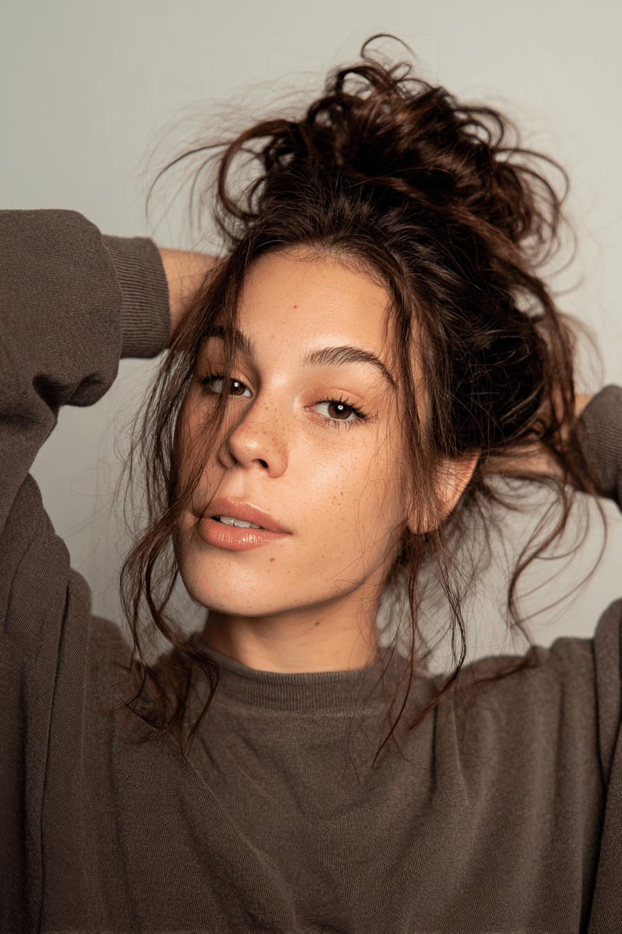 A vibrant young female model in her 20s with natural skin tone, showcasing a 90s messy updo with a half-up half-down updo, featuring loose ends hanging down, captured in a close-up shot focusing on the hair, photographed against a seamless light rose backdrop with a smooth texture. She has subtle makeup, a retro full-shirt 90s outfit, realistic hair texture, warm skin tone, and a friendly expression, captured with soft natural lighting and an Instagram-style beauty vibe.