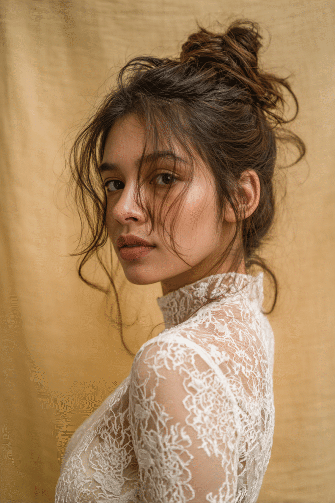 A stunning young female model in her 20s with natural skin tone, showcasing a messy bun hairstyle for wedding with a half-up messy bun with twists, featuring twisted sections for texture, captured in a close-up shot focusing on the hair, photographed against a seamless warm beige backdrop with a smooth texture. She has subtle wedding makeup, an elegant full-sleeve wedding gown, realistic hair texture, warm skin tone, and a serene expression, captured with soft natural lighting and an Instagram-style beauty vibe.