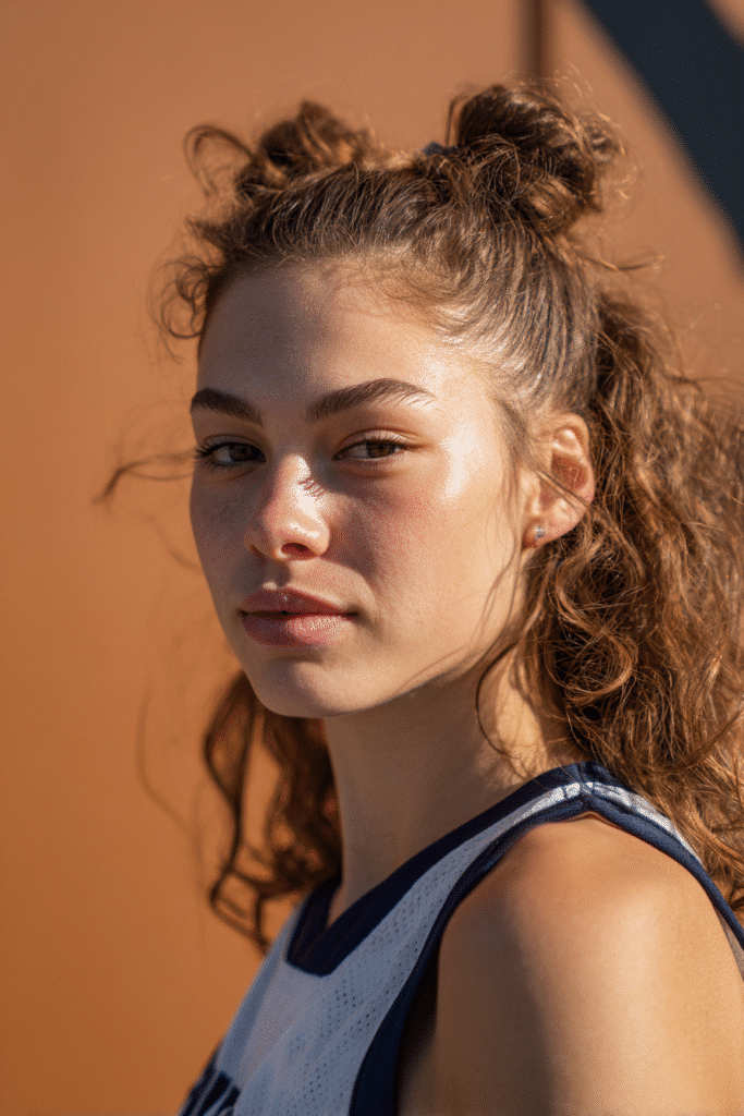 A vibrant female athlete in her 20s with shoulder-to-waist-length hair, styled in half-up space buns with a high secure bun for play, captured in a close-up shot focusing on the hair, photographed against a seamless warm bronze backdrop with a satin finish. She has subtle makeup, a volleyball uniform, a warm skin tone, and a confident expression, captured with bright natural lighting and a sporty vibe.