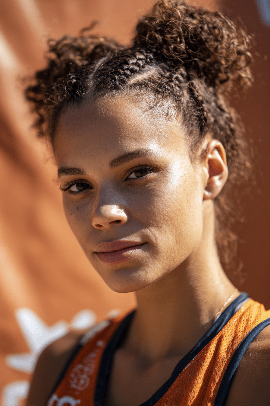 A vibrant female athlete in her 20s with short hair, styled in half-up space buns with a playful yet secure style, captured in a close-up shot focusing on the hair, photographed against a seamless warm cinnamon backdrop with a silky finish. She has subtle makeup, a volleyball uniform, a warm skin tone, and a confident expression, captured with bright natural lighting and a sporty vibe.