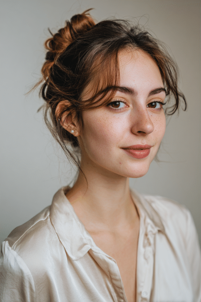 A gorgeous young female model in her 20s with natural skin tone, showcasing a prom hairstyle for short hair with a half-up twisted bun for chin-length hair, featuring loose strands for softness, captured in a close-up shot focusing on the hair, photographed against a seamless light pearl backdrop with glossy sheen. She has subtle makeup, an elegant full-shirt prom dress, realistic hair texture, warm skin tone, and a friendly expression, captured with soft natural lighting and an Instagram-style beauty vibe.